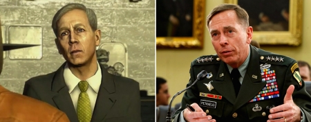 David Petraeus is depicted in a new video game release. (Kotaku/Activision; Alex Wong/Getty Images)