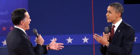 Republican presidential nominee Mitt Romney and President Barack Obama speak during the second presidential debate at Hofstra University, Tuesday, Oct. 16, 2012, in Hempstead, N.Y. (AP Photo/Eric Gay)