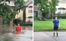 Father shows amazing before and after pictures of his son outside their home as Harvey floodwater recedes in Houston 
