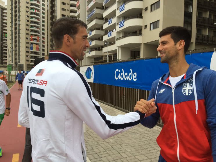 Michael Phelps meets his sports idol Novak Djokovic in Rio