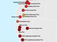 A color-coded map shows the biggest wildfires raging up and down the West Coast